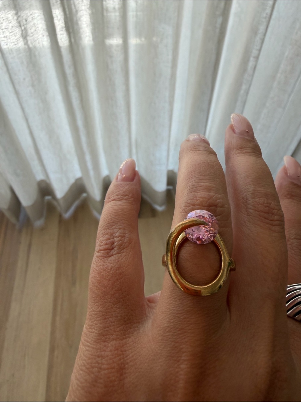 Gold-Tone Ring with Pink Crystal Accent